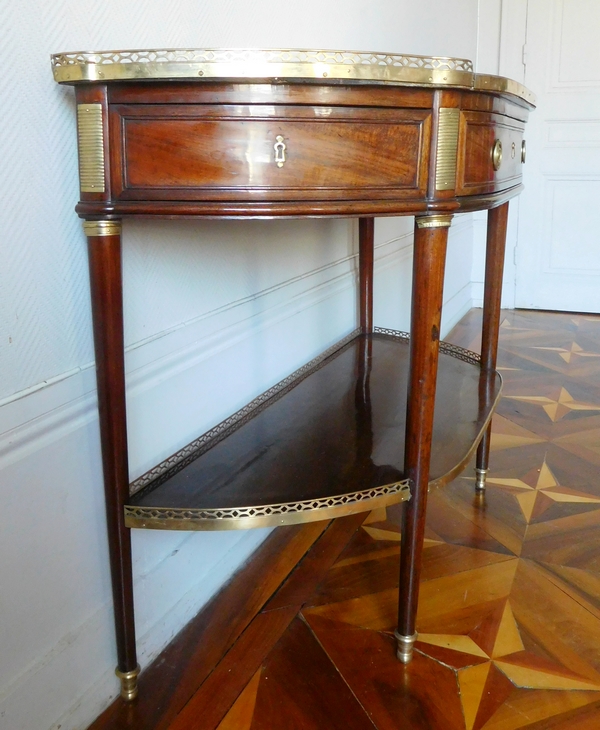 Console desserte demi-lune d'époque Louis XVI - Directoire fin XVIIIe siècle - acajou & laiton