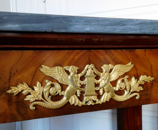 Empire mahogany console, early 19th century, mercury gilt ormolu ornamentation