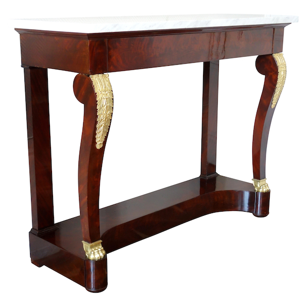 Empire mahogany console, mercury gilt bronze (ormolu), white marble - early 19th century