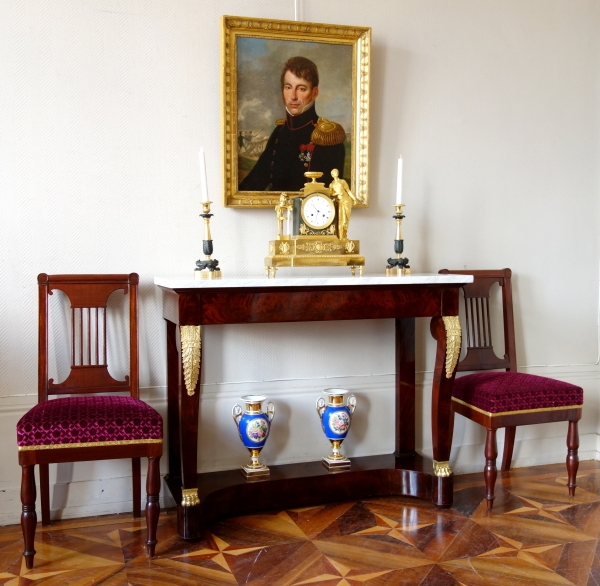 Empire mahogany console, mercury gilt bronze (ormolu), white marble - early 19th century