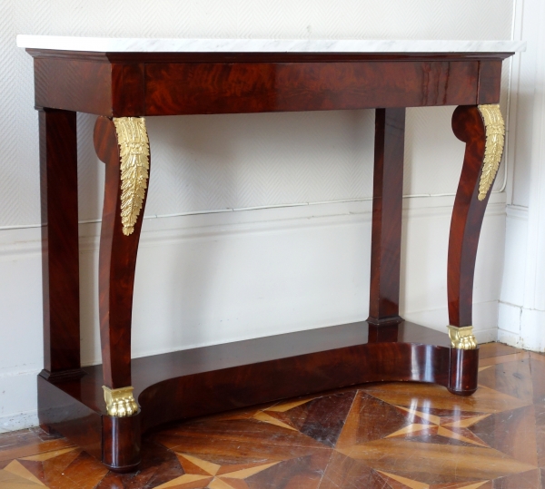 Empire mahogany console, mercury gilt bronze (ormolu), white marble - early 19th century