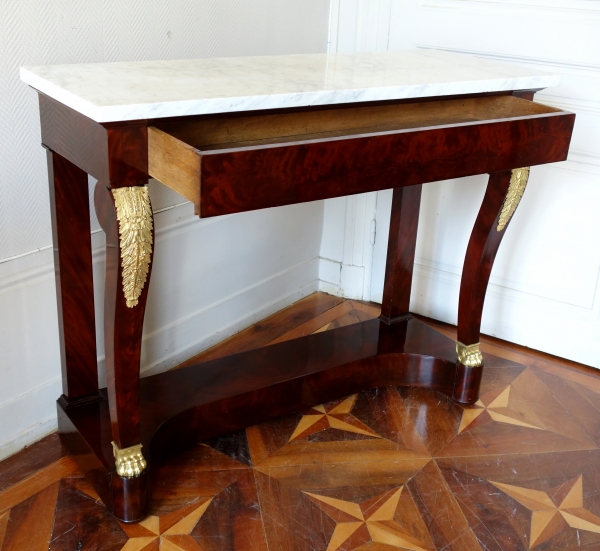 Empire mahogany console, mercury gilt bronze (ormolu), white marble - early 19th century