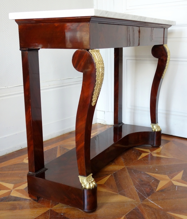 Empire mahogany console, mercury gilt bronze (ormolu), white marble - early 19th century