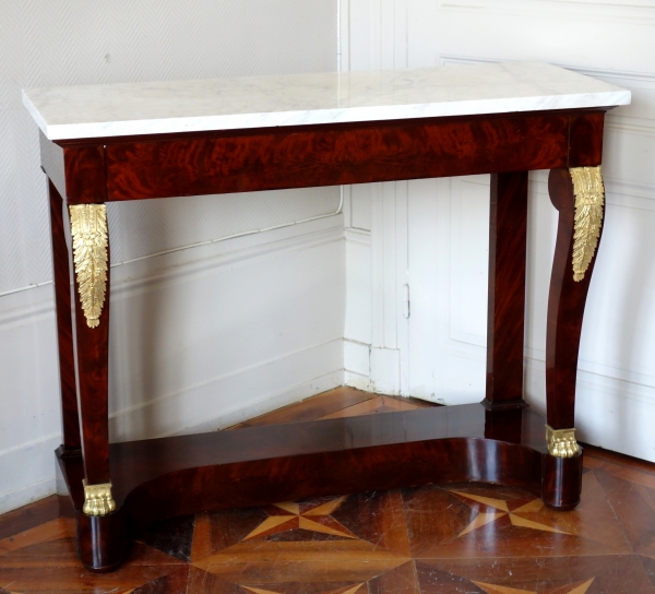 Empire mahogany console, mercury gilt bronze (ormolu), white marble - early 19th century