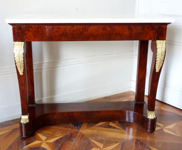 Empire mahogany console, mercury gilt bronze (ormolu), white marble - early 19th century