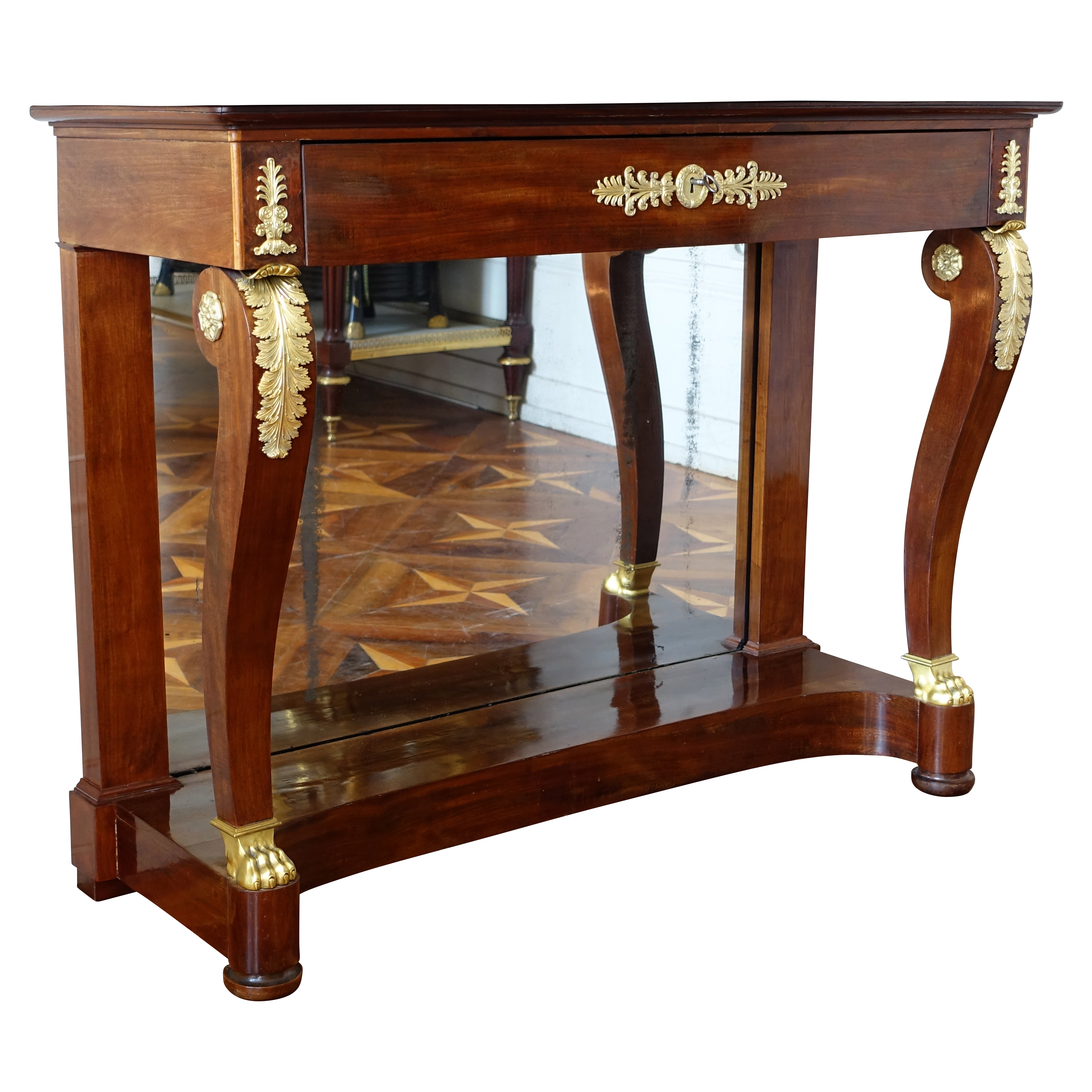 Empire mahogany console, mercury gilt bronze (ormolu), white marble - early 19th century