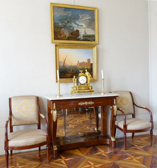 Empire mahogany console, mercury gilt bronze (ormolu), white marble - early 19th century