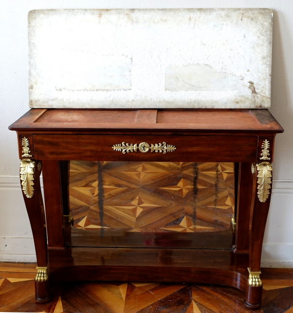 Empire mahogany console, mercury gilt bronze (ormolu), white marble - early 19th century