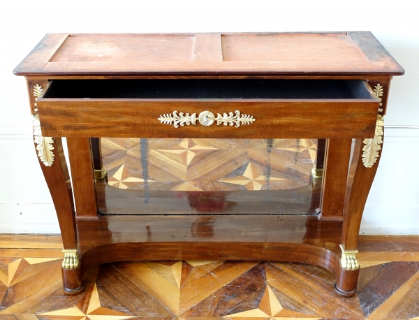 Empire mahogany console, mercury gilt bronze (ormolu), white marble - early 19th century