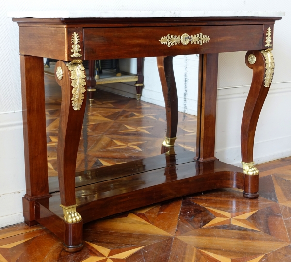 Empire mahogany console, mercury gilt bronze (ormolu), white marble - early 19th century