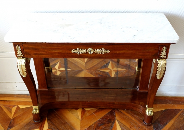 Empire mahogany console, mercury gilt bronze (ormolu), white marble - early 19th century