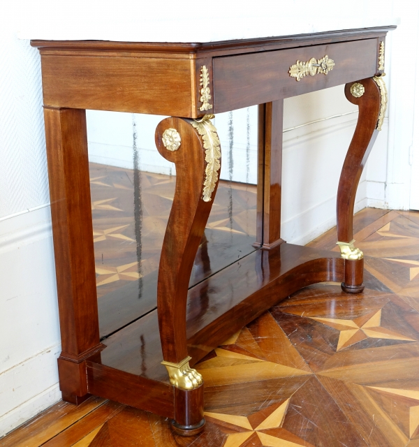 Empire mahogany console, mercury gilt bronze (ormolu), white marble - early 19th century