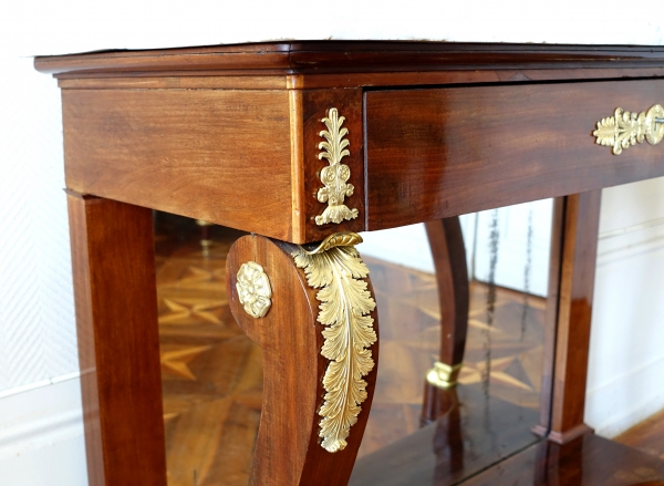 Empire mahogany console, mercury gilt bronze (ormolu), white marble - early 19th century