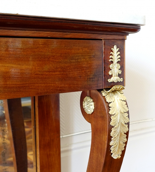 Empire mahogany console, mercury gilt bronze (ormolu), white marble - early 19th century