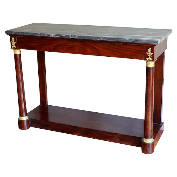 Grande console d'époque Empire en acajou, bronze doré et marbre bleu Turquin - 129cm