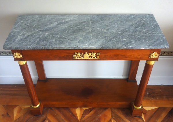 Console à colonnes en acajou, bronzes dorés au mercure, marbre bleu tigré - époque Empire