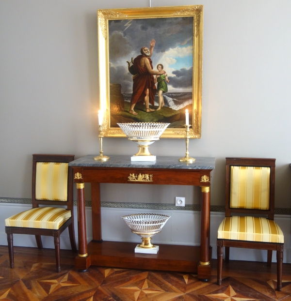 Console à colonnes en acajou, bronzes dorés au mercure, marbre bleu tigré - époque Empire