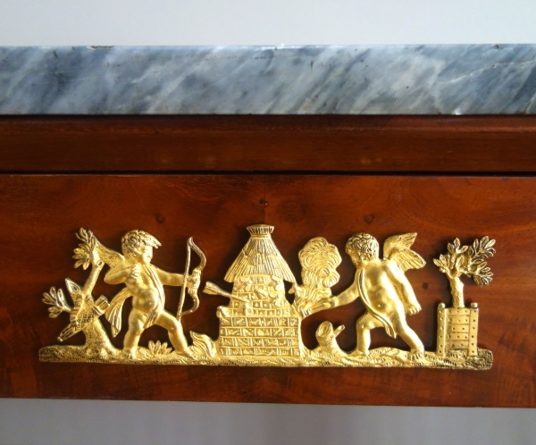 Console à colonnes en acajou, bronzes dorés au mercure, marbre bleu tigré - époque Empire