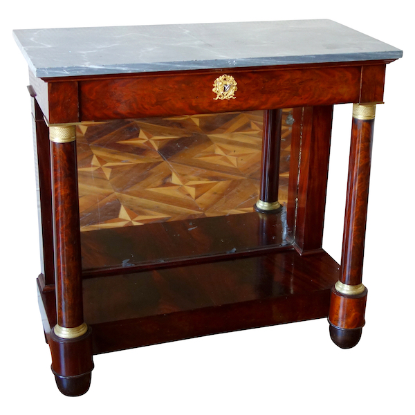 Empire mahogany console, mercury gilt bronze, blue Turquin marble, early 19th century