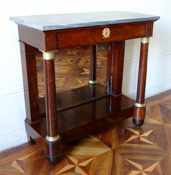 Empire mahogany console, mercury gilt bronze, blue Turquin marble, early 19th century