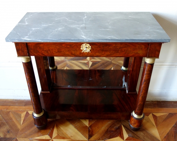 Empire mahogany console, mercury gilt bronze, blue Turquin marble, early 19th century