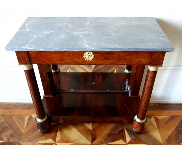 Empire mahogany console, mercury gilt bronze, blue Turquin marble, early 19th century