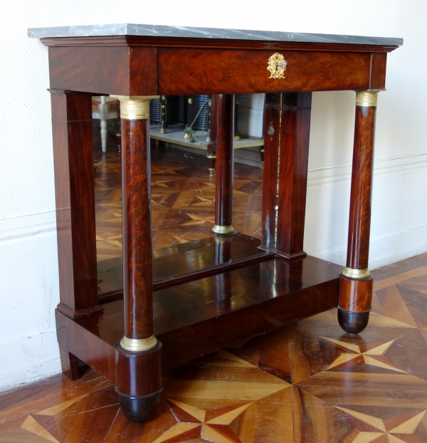 Empire mahogany console, mercury gilt bronze, blue Turquin marble, early 19th century