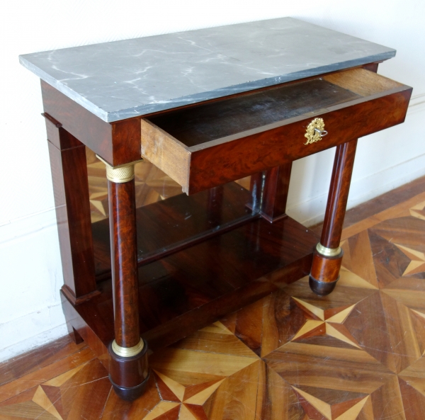 Empire mahogany console, mercury gilt bronze, blue Turquin marble, early 19th century