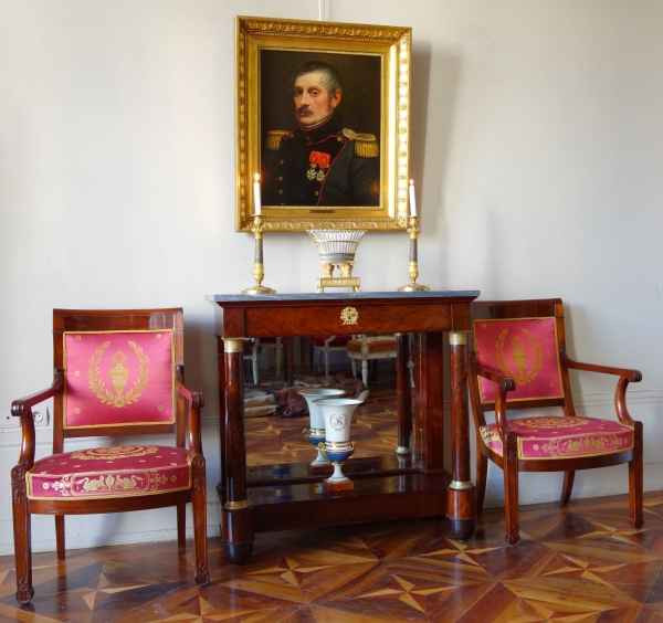 Empire mahogany console, mercury gilt bronze, blue Turquin marble, early 19th century