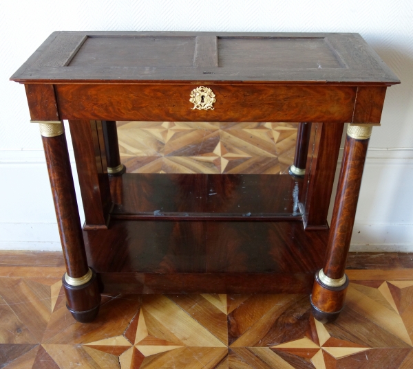 Empire mahogany console, mercury gilt bronze, blue Turquin marble, early 19th century