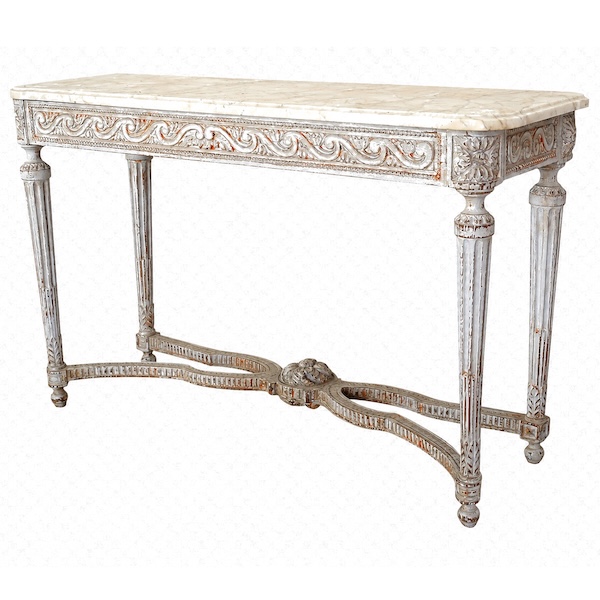 Console desserte de vestibule d'époque Louis XVI, bois patiné et marbre