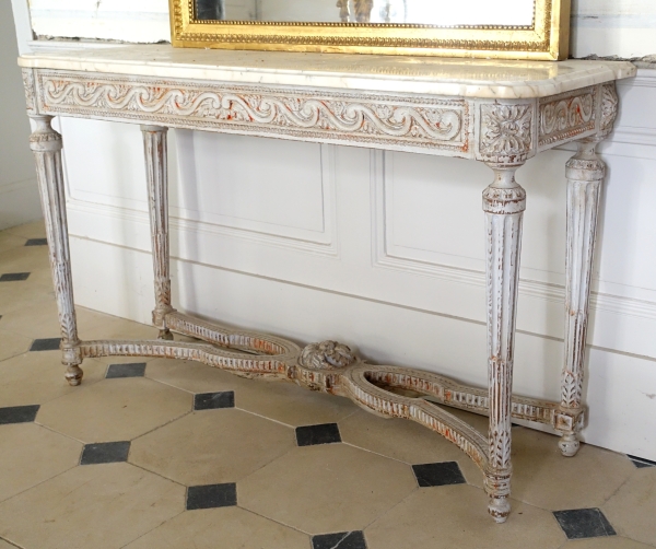 Console desserte de vestibule d'époque Louis XVI, bois patiné et marbre