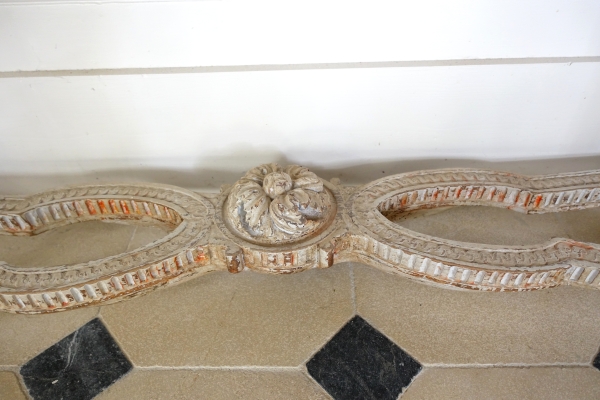 Console desserte de vestibule d'époque Louis XVI, bois patiné et marbre