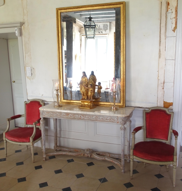 Console desserte de vestibule d'époque Louis XVI, bois patiné et marbre