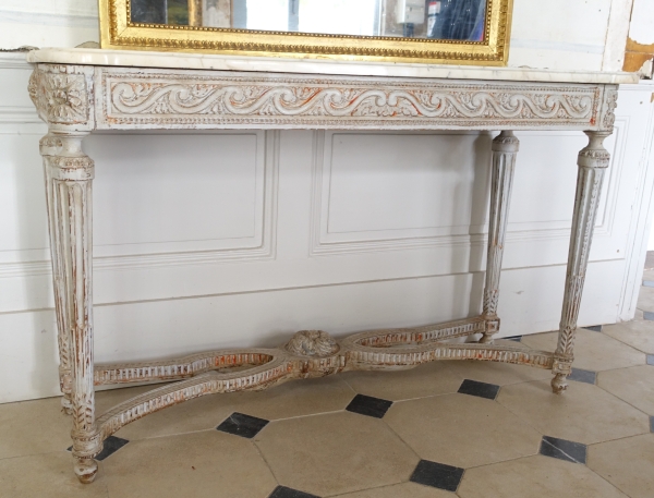 Console desserte de vestibule d'époque Louis XVI, bois patiné et marbre