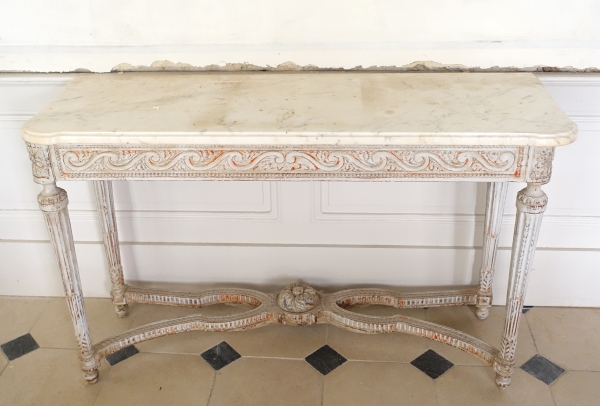 Console desserte de vestibule d'époque Louis XVI, bois patiné et marbre
