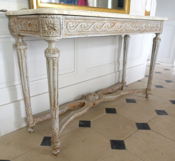 Console desserte de vestibule d'époque Louis XVI, bois patiné et marbre