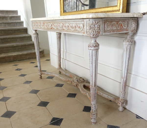 Console desserte de vestibule d'époque Louis XVI, bois patiné et marbre