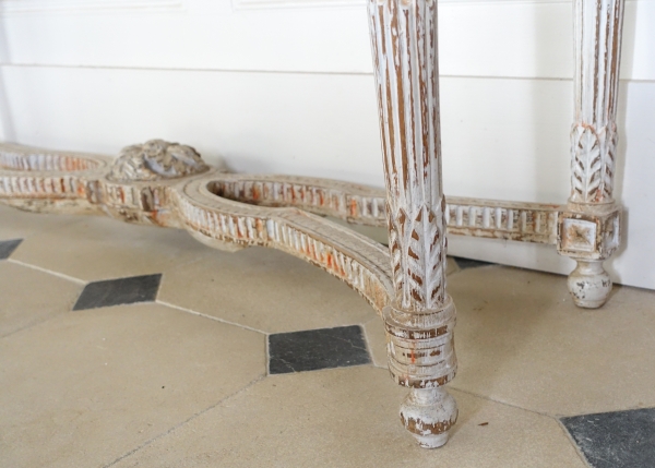 Console desserte de vestibule d'époque Louis XVI, bois patiné et marbre