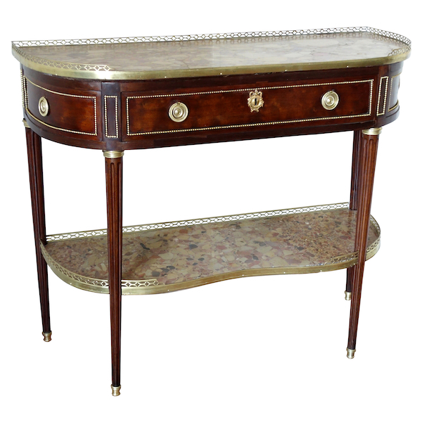 Fidelys Schey : console desserte demi-lune en acajou, époque Louis XVI - marbre breche d'Alep - estampillée