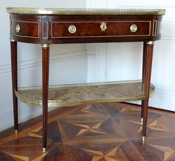 Fidelys Schey : console desserte demi-lune en acajou, époque Louis XVI - marbre breche d'Alep - estampillée