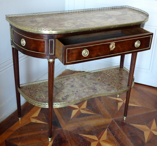 Fidelys Schey : console desserte demi-lune en acajou, époque Louis XVI - marbre breche d'Alep - estampillée