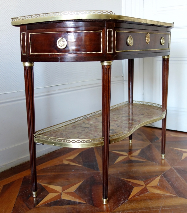 Fidelys Schey : console desserte demi-lune en acajou, époque Louis XVI - marbre breche d'Alep - estampillée