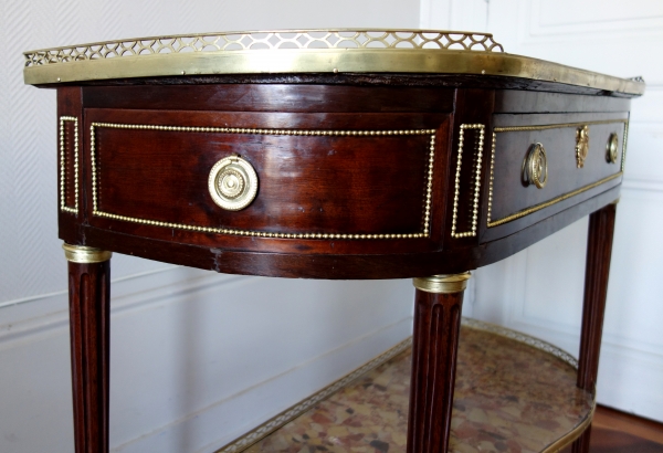 Fidelys Schey : console desserte demi-lune en acajou, époque Louis XVI - marbre breche d'Alep - estampillée