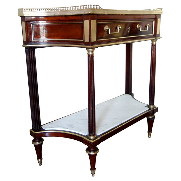 Console desserte d'époque Louis XVI Directoire en acajou, filets d'ébène et laiton, fin XVIIIe