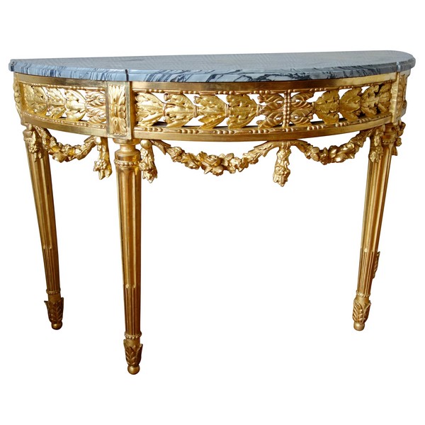 Console demi-lune Louis XVI à 4 pieds en bois sculpté & doré à la feuille d'or vers 1780