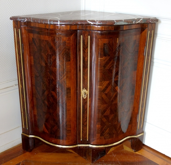 Louis XV marquetry corner cupboard, stamp of Jean Mathieu Chevallier, 18th century