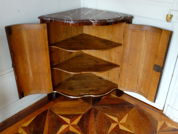 Louis XV marquetry corner cupboard, stamp of Jean Mathieu Chevallier, 18th century