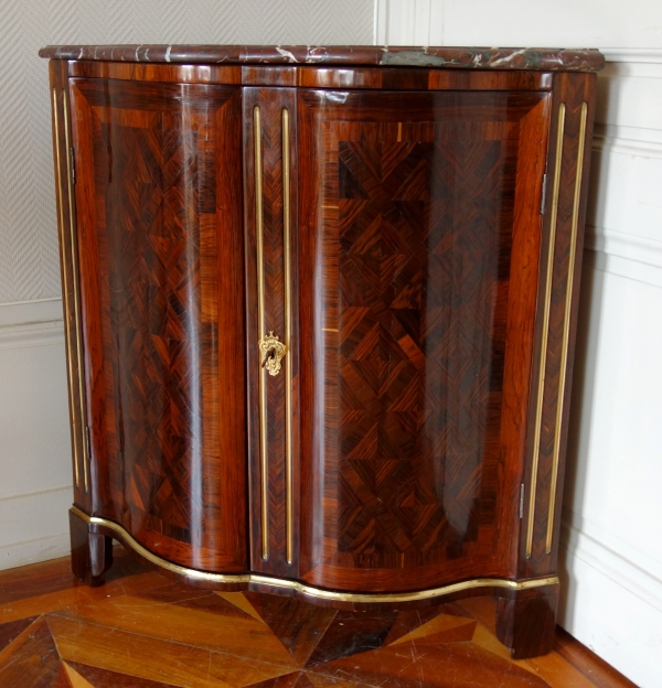 Louis XV marquetry corner cupboard, stamp of Jean Mathieu Chevallier, 18th century