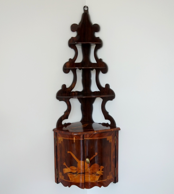 Louis XV rosewood marquetry corner cupboard meant for hanging, 18th century